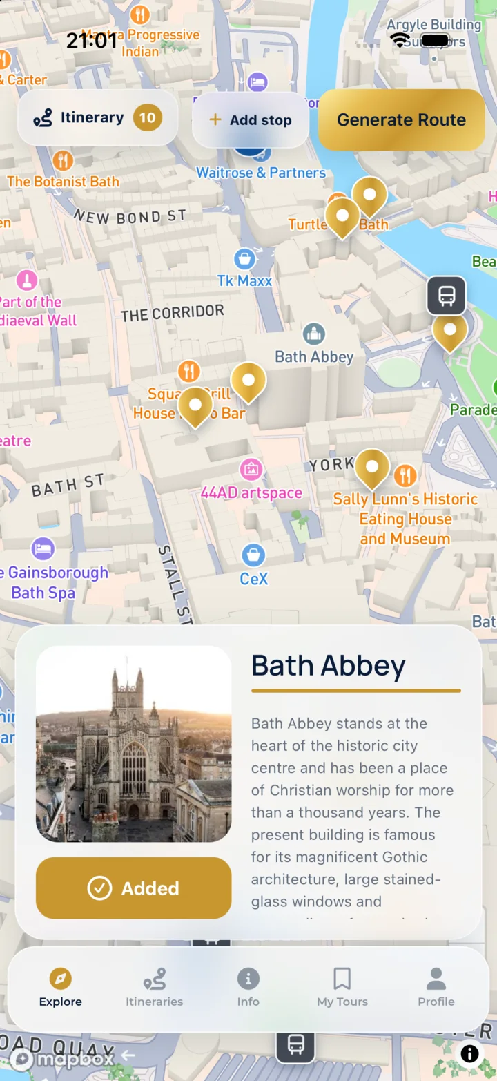 Tap a place on the map to read about it and add it to your tour