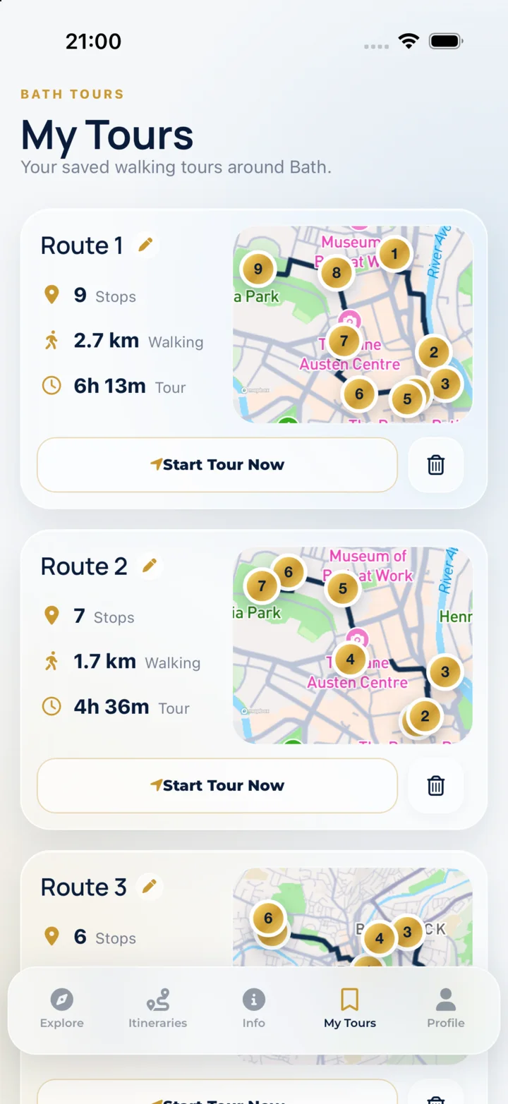 Your saved walking tours with distance and time