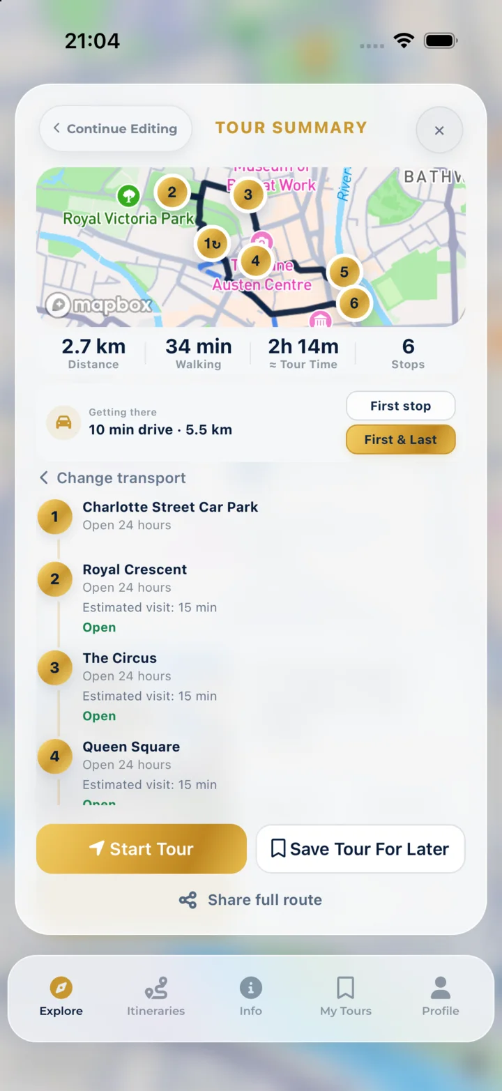 A tour summary showing the drive, car park and each stop